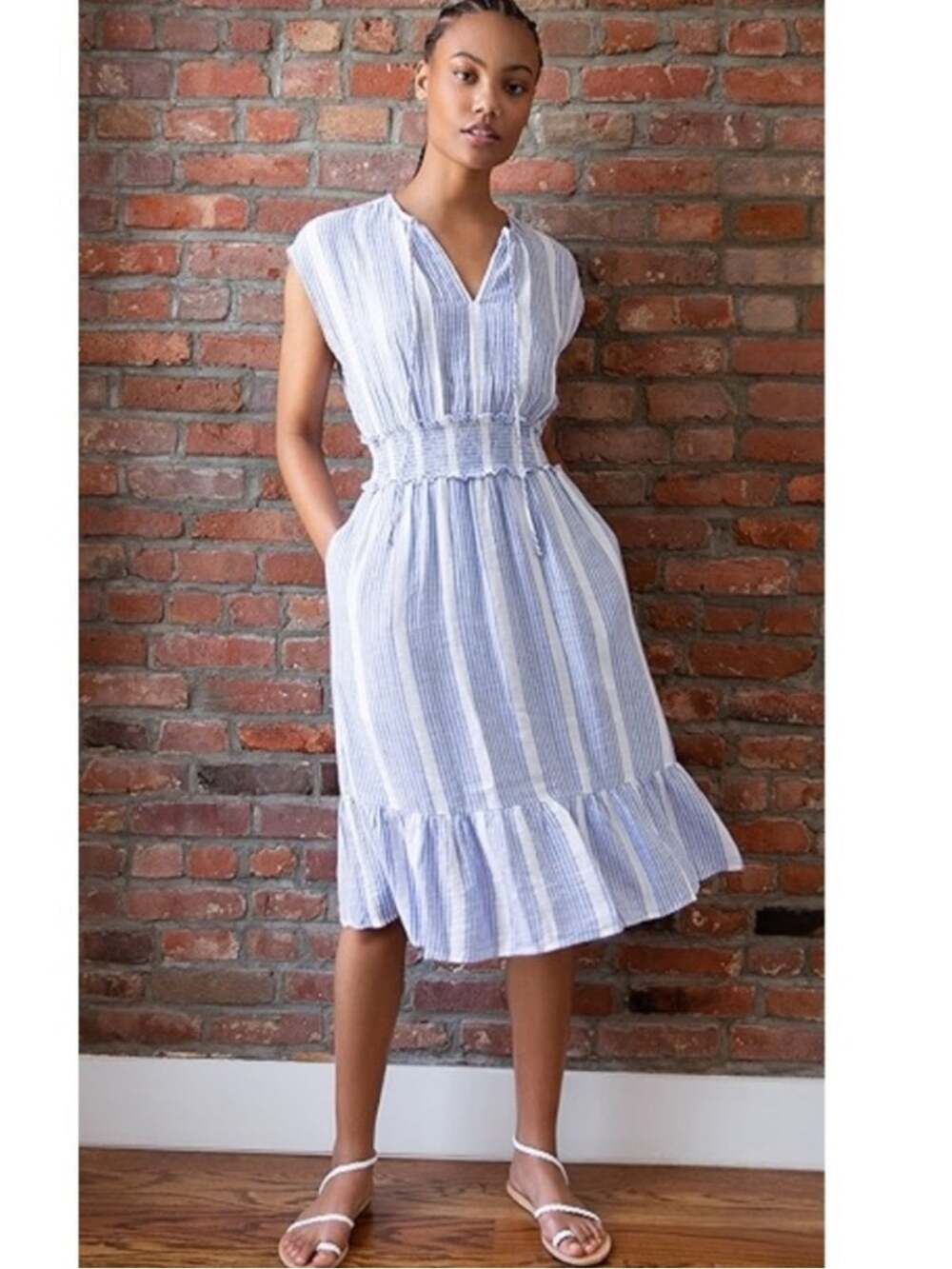 Rails Ashlyn Linen Blend Midi Dress in Levanzo Stripe Blue White M